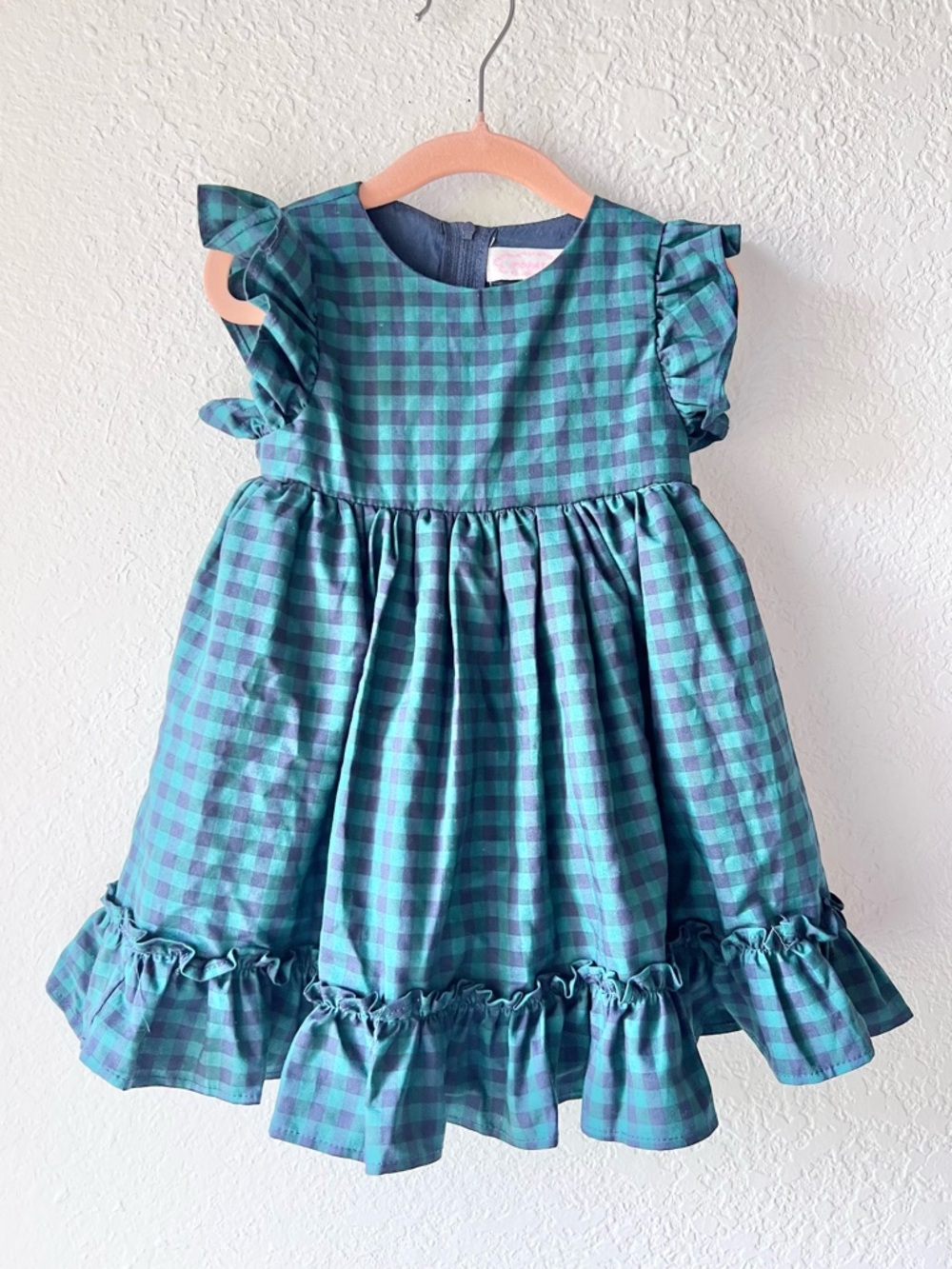 Popatu Kids Green Navy Gingham Plaid Ruffle Christmas Dress Sz 18M